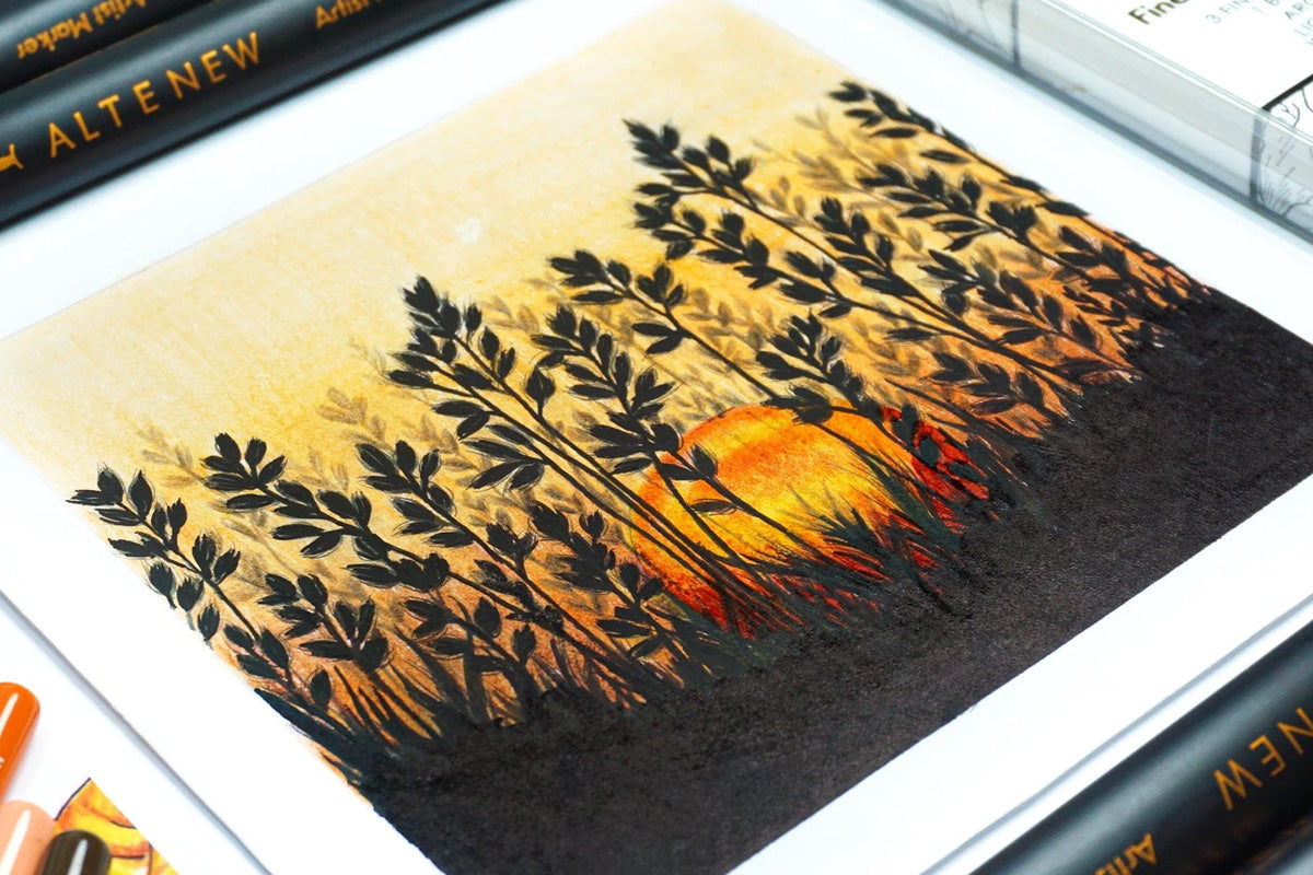 A sun setting across a field of shrubs, created with Artistry by Altenew's Watercolor Pencils