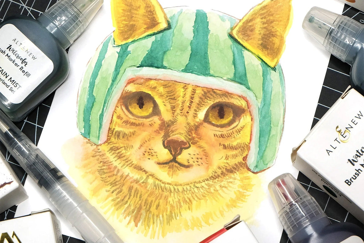 A silly painting of a cat wearing a watermelon bonnet created with Artistry by Altenew's Liquid Watercolor