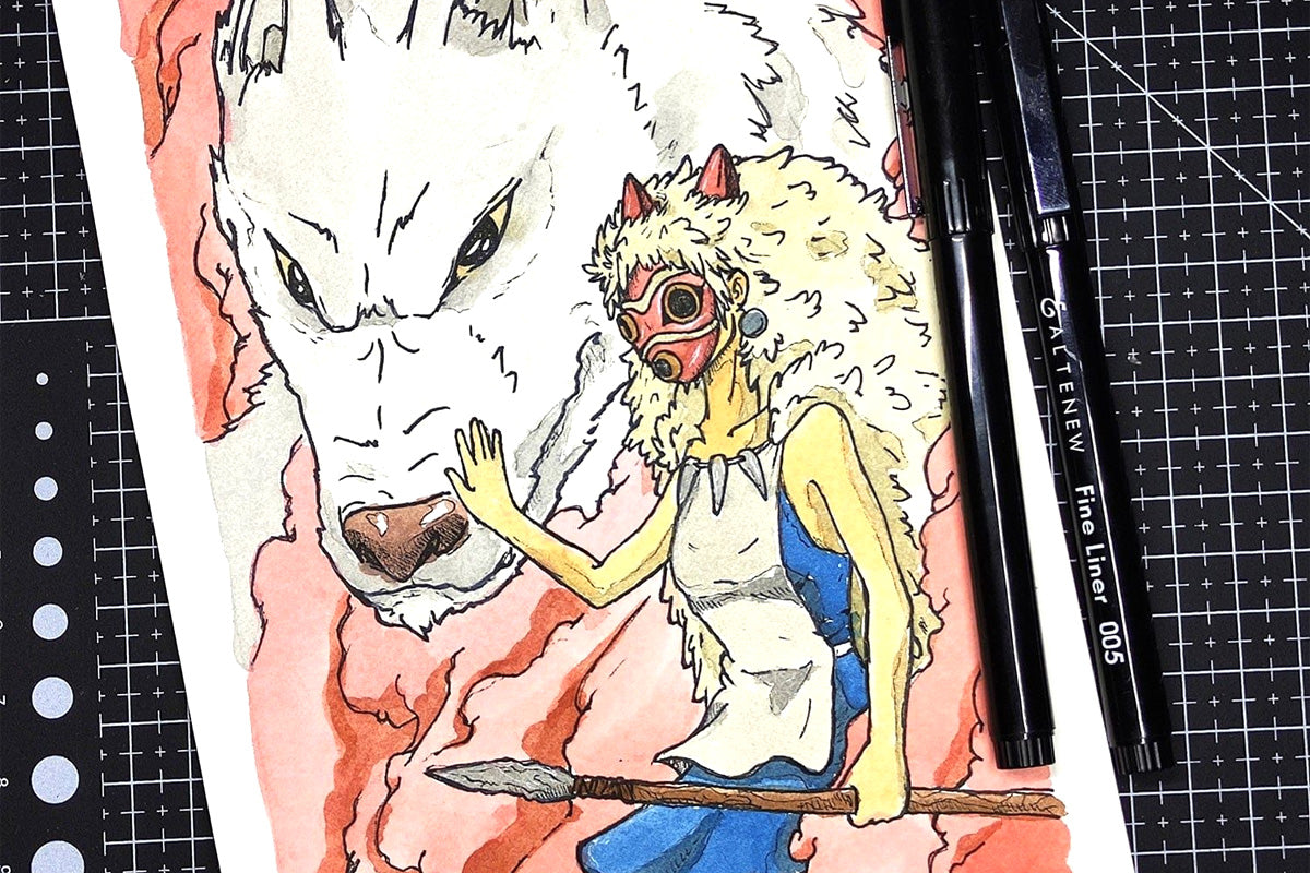 A painting of Studio Ghibli's Princess Mononoke and her white wolf companion, painted with watercolor