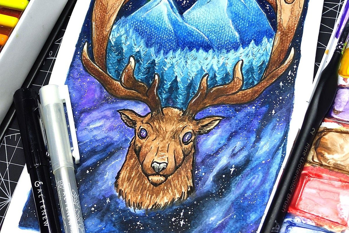 A watercolor painting of a mystical elk near a frozen forest below a snowy peaks, with a cosmos-inspired background