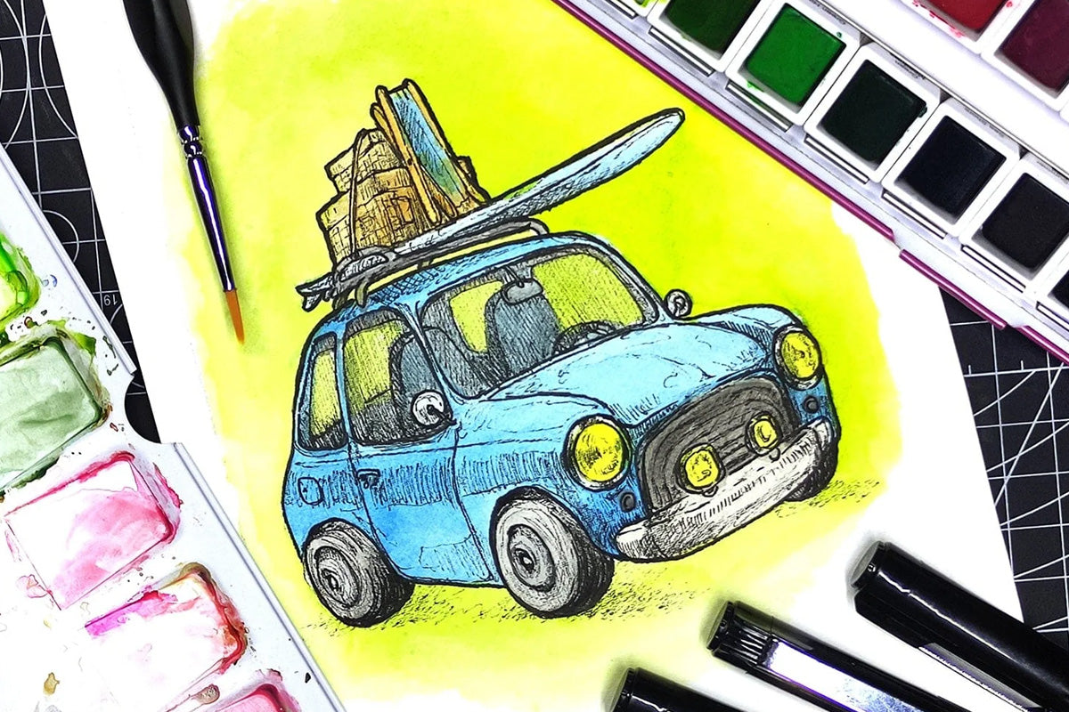 A small blue car top-loaded pieces of baggage and a surfboard, painted with watercolor