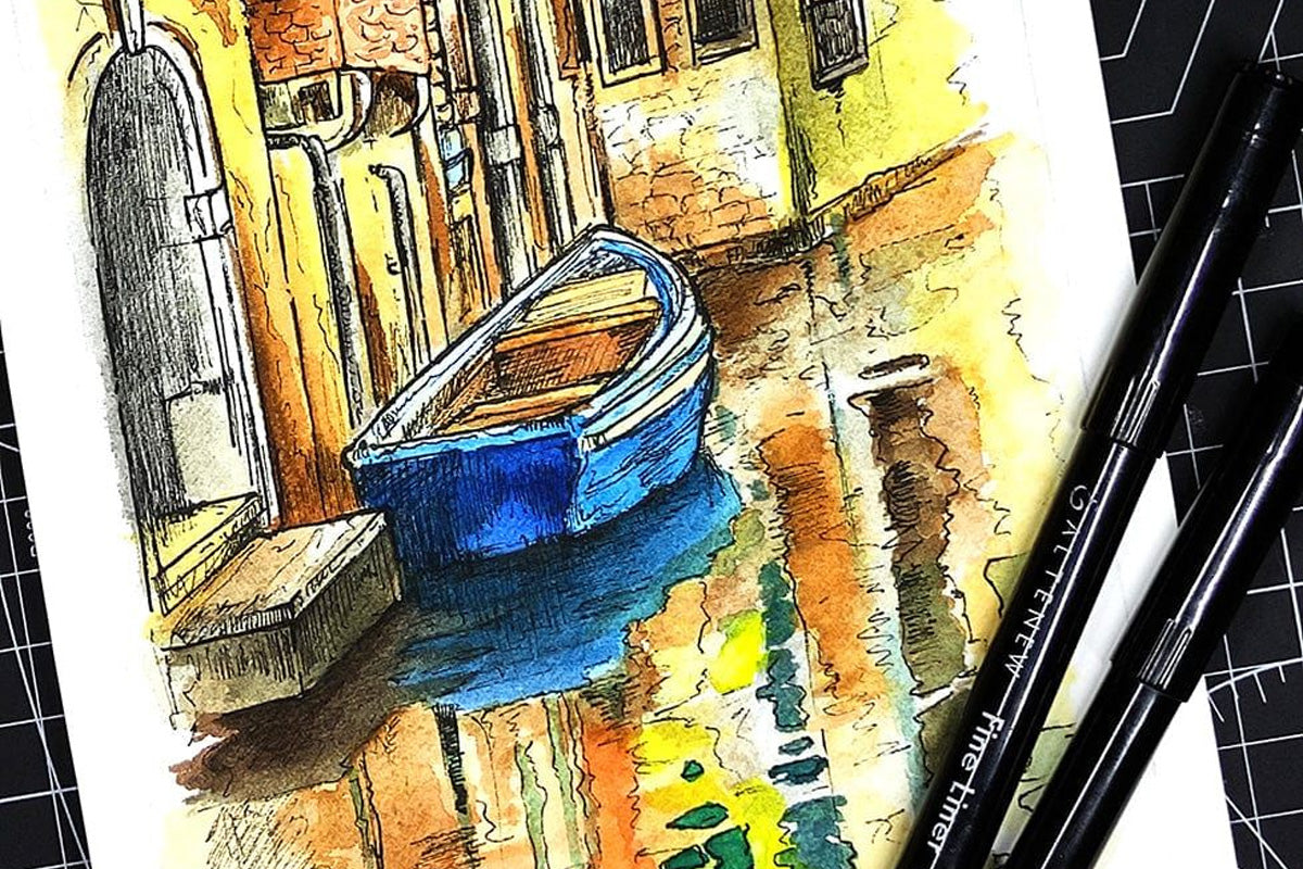 A drawing of a boat on a canal, colored in by watercolor pans