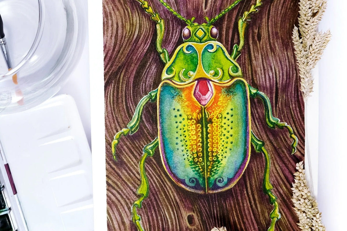 A hyper-realistic painting of a beetle, colored in by watercolor pans