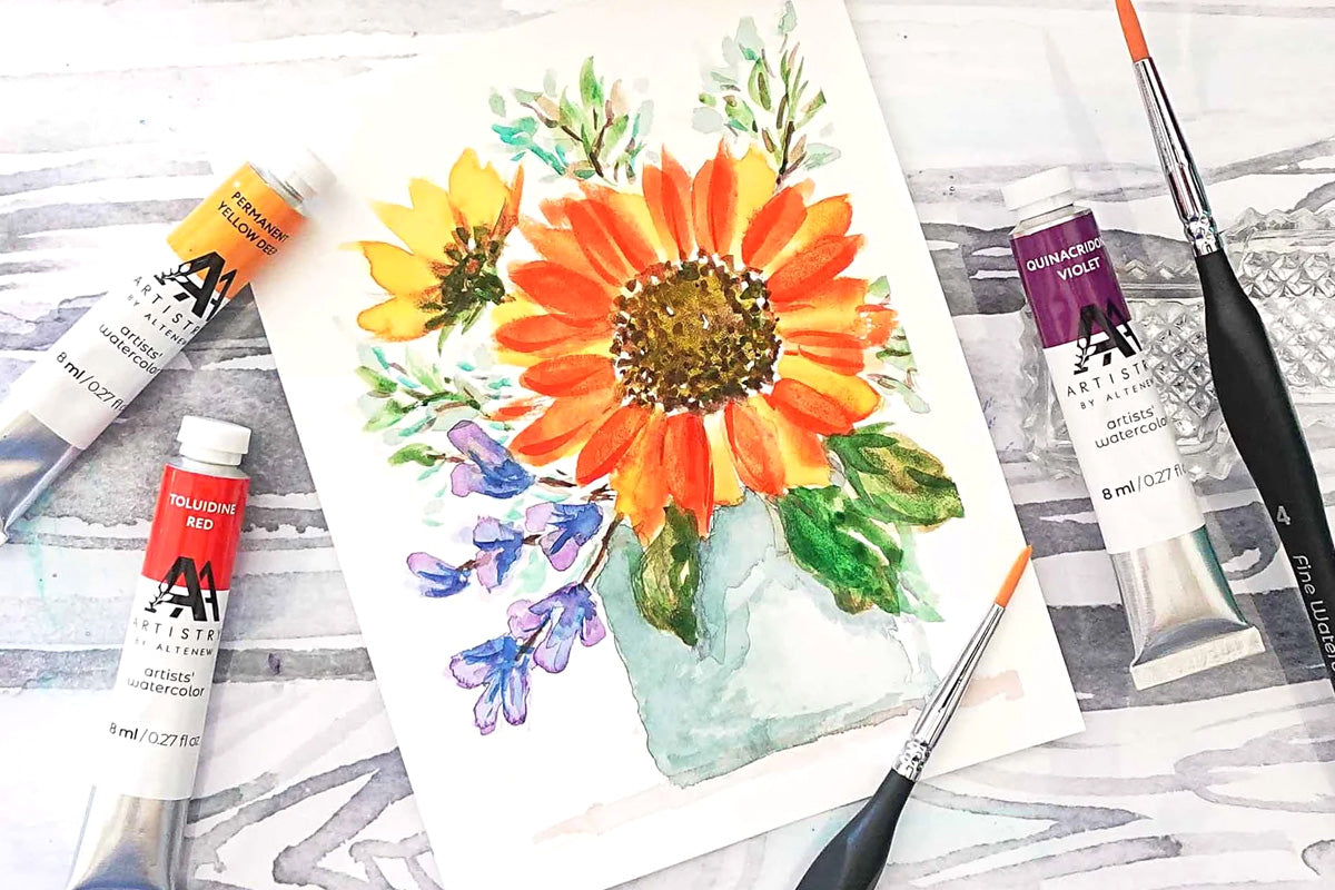 A painting of a sunflower created with Artistry by Altenew's Watercolor Tubes