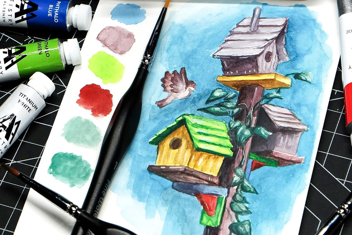 A painting of birdhouses created with Artistry by Altenew's Watercolor Tubes