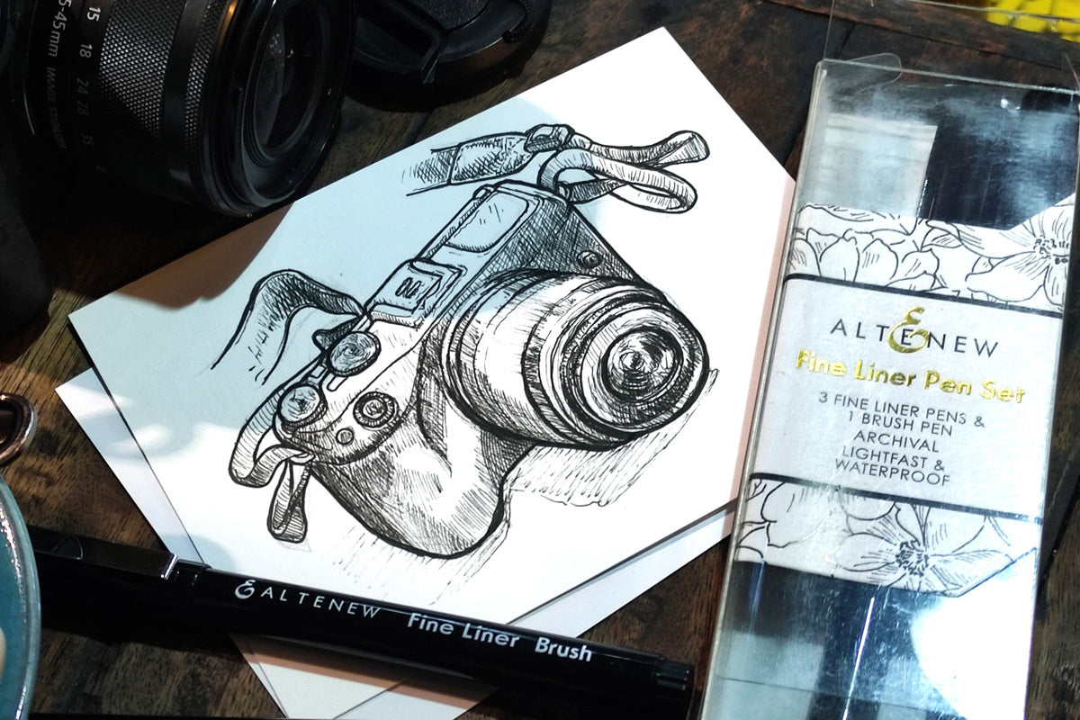 A drawing of a camera, made with Artistry by Altenew Fine Liner Pens