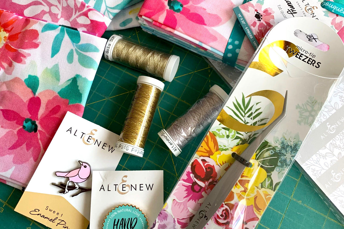 Altenew fabrics, twines, tweezers, and enamel pins