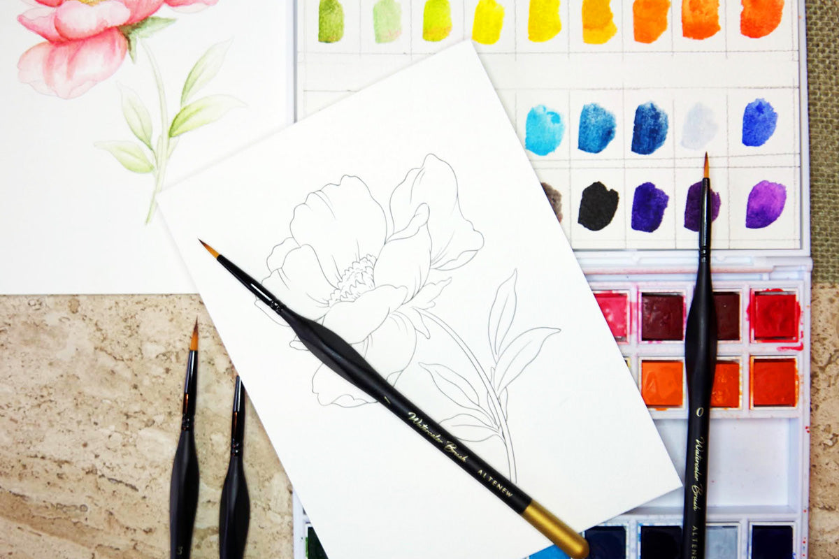 A page from Artistry Watercolor Coloring Book featuring a single flower, some watercolor brushes, and Artistry's Watercolor 36 Pan Set