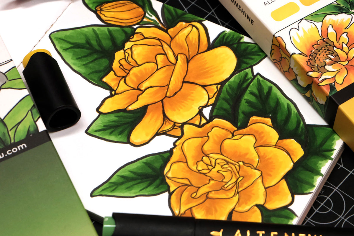 Bright yellow flowers from Artistry Exotic Blooms Marker Coloring Book colored with Artist Markers Green Valley Set and Altenew Artist Markers Pocketful of Sunshine Set