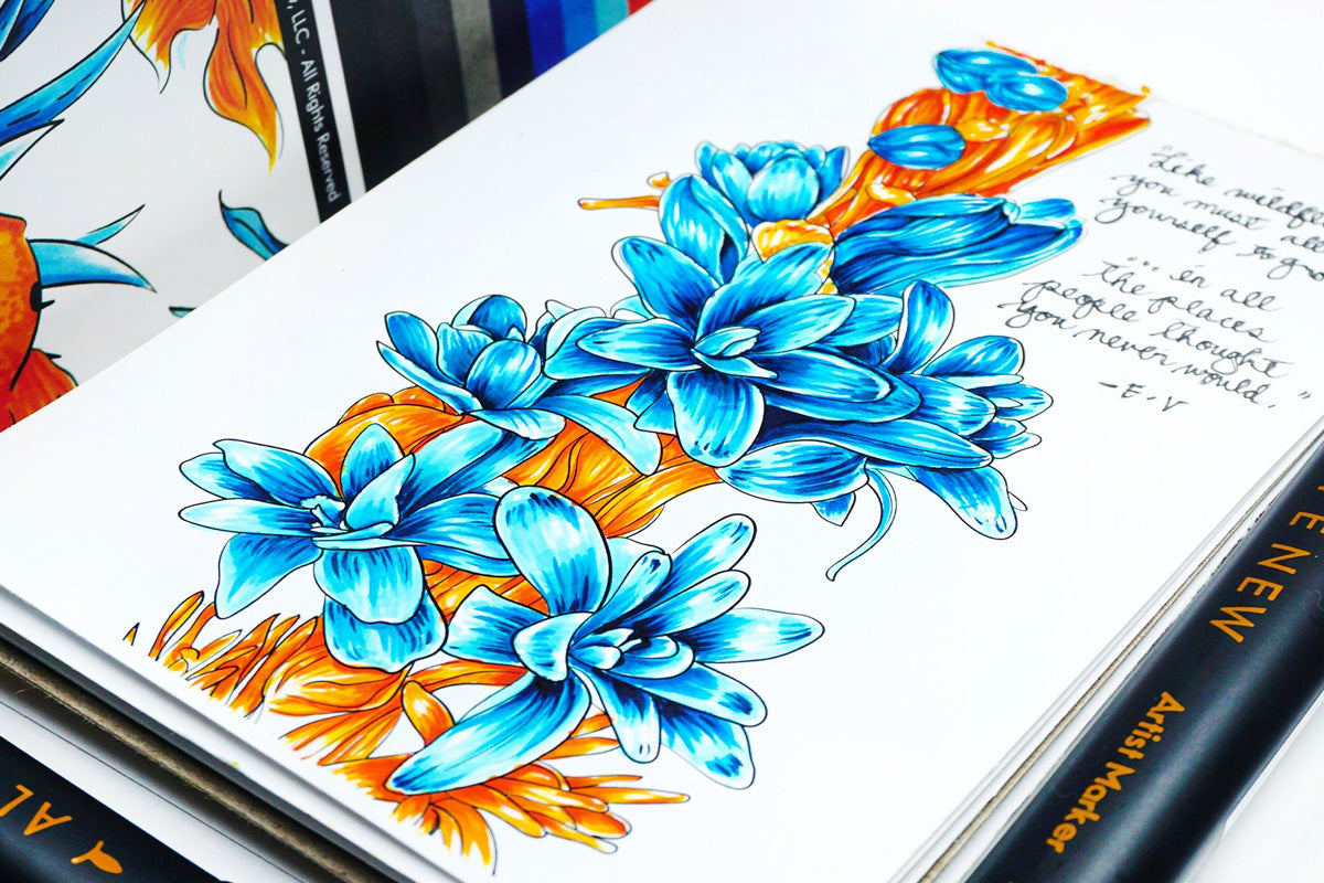 Blue and orange watercolor flowers from Artistry Exotic Blooms Marker Coloring Book, colored with Beach Garden Artist Alcohol Markers Set K