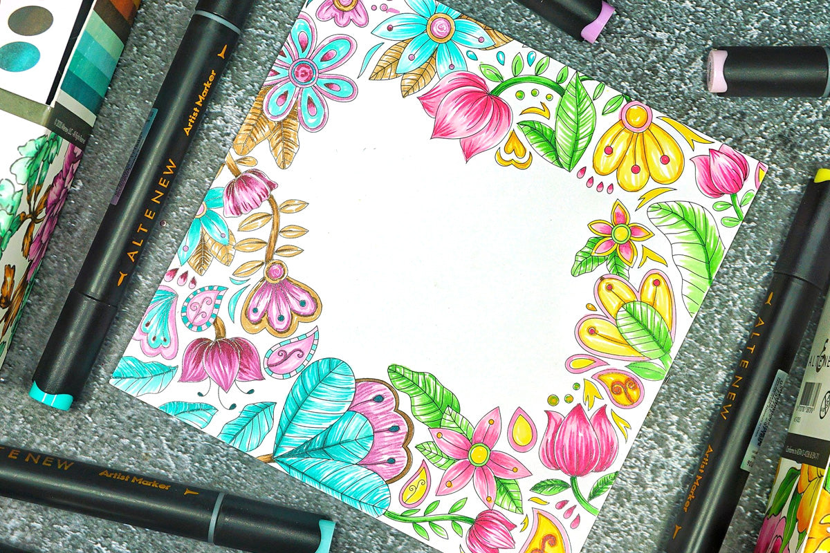 Whimsical florals from Artistry Whimsical Flower Bunch Coloring Book, colored with Rock Garden Artist Alcohol Markers Set D and Sunshine Valley Garden Artist Alcohol Markers Set F