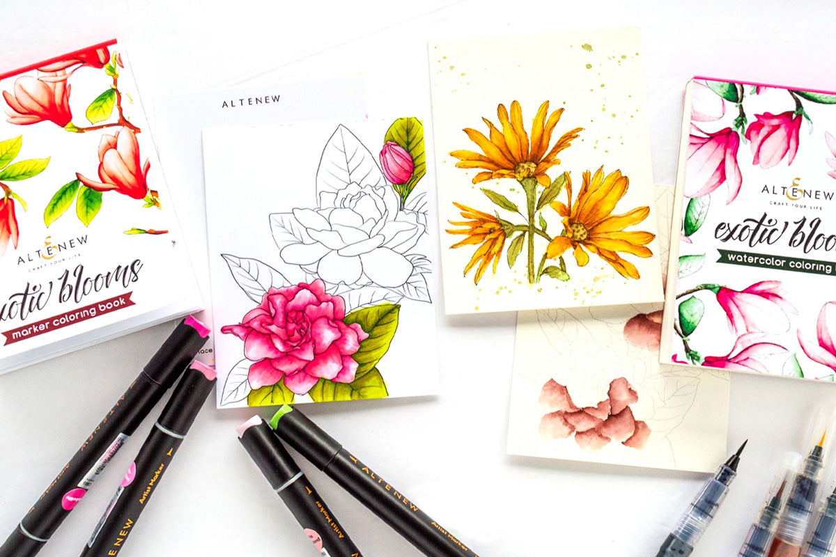 Artistry's collection of coloring books, alcohol markers, and watercolor brush markers