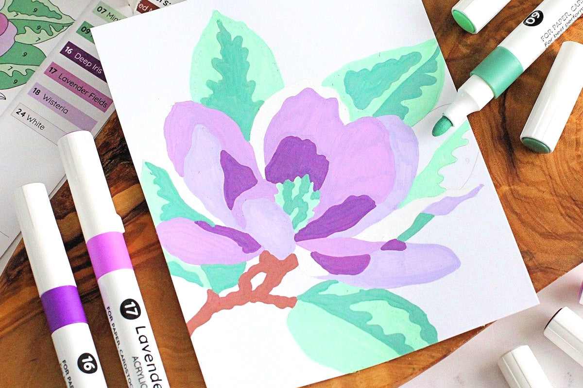 A purple flower from Artistry Color By Number Sheets, colored with Artistry Acrylic Marker Set