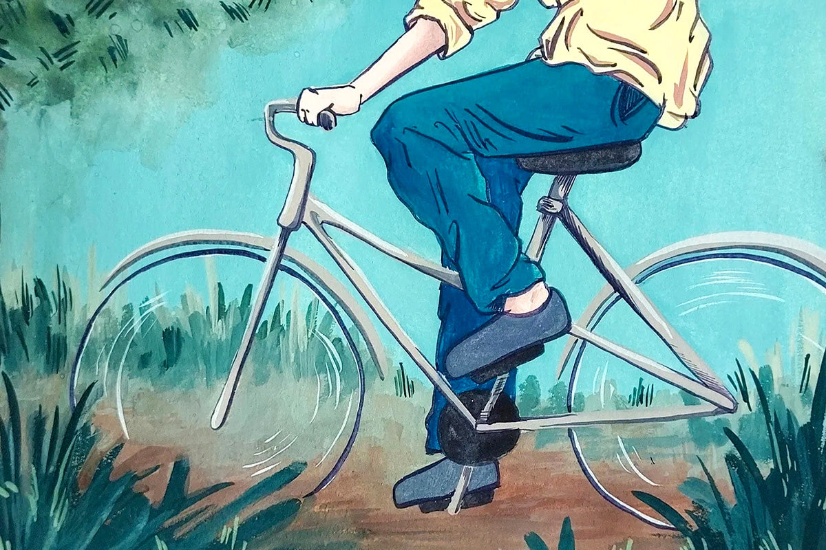 A drawing of a person on a bike through a grassy trail