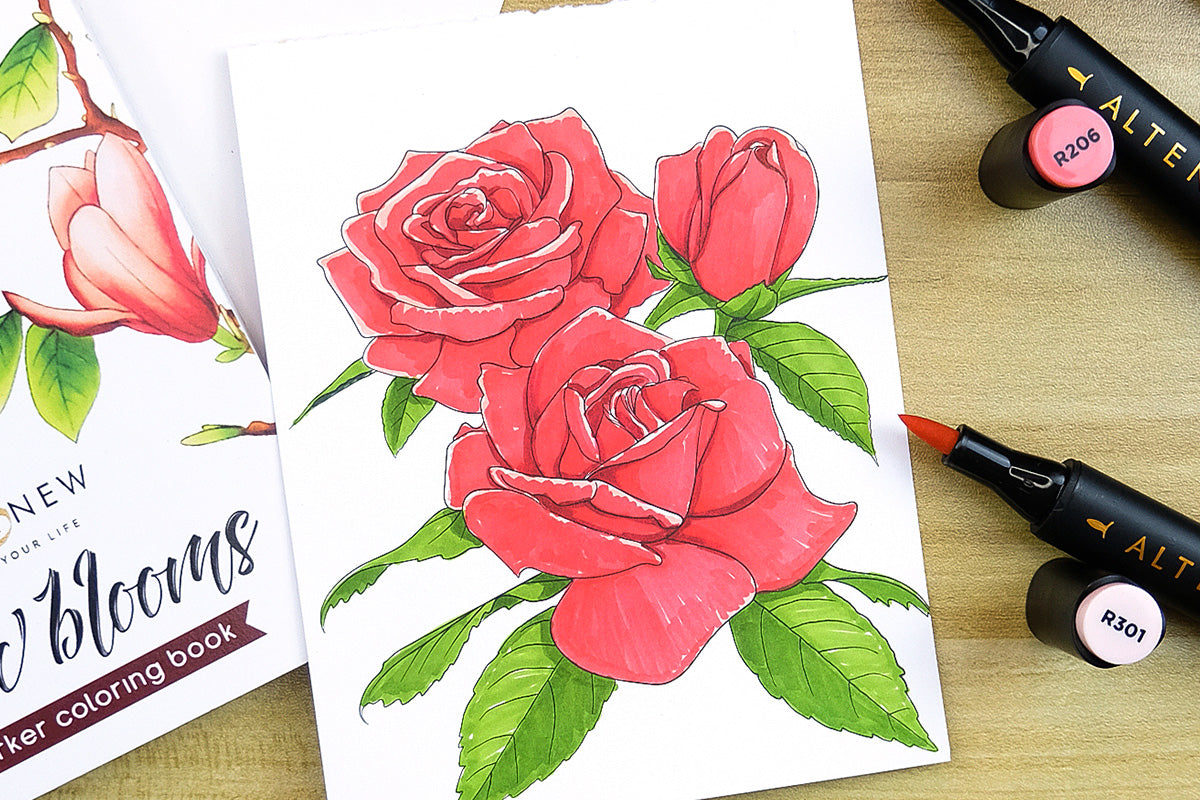 A coloring page out of Artistry's adult coloring book featuring a bunch of roses colored in with alcohol markers