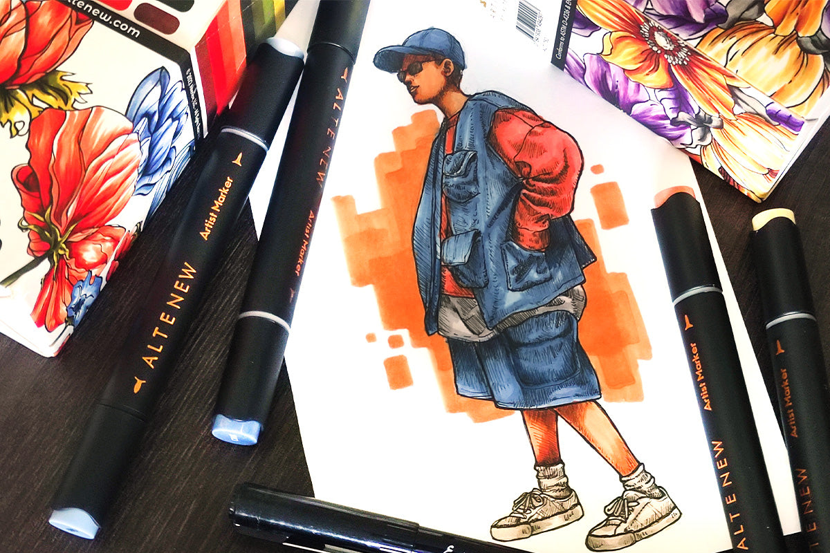 A drawing of a teenage boy wearing blue shorts, blue baseball cap, and a blue and orange jacket, colored in with Artistry's alcohol markers