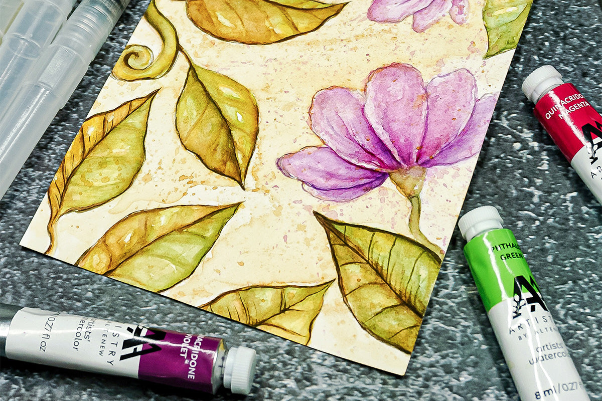 Watercolor art depicting some florals and leaves, painted with watercolor tubes
