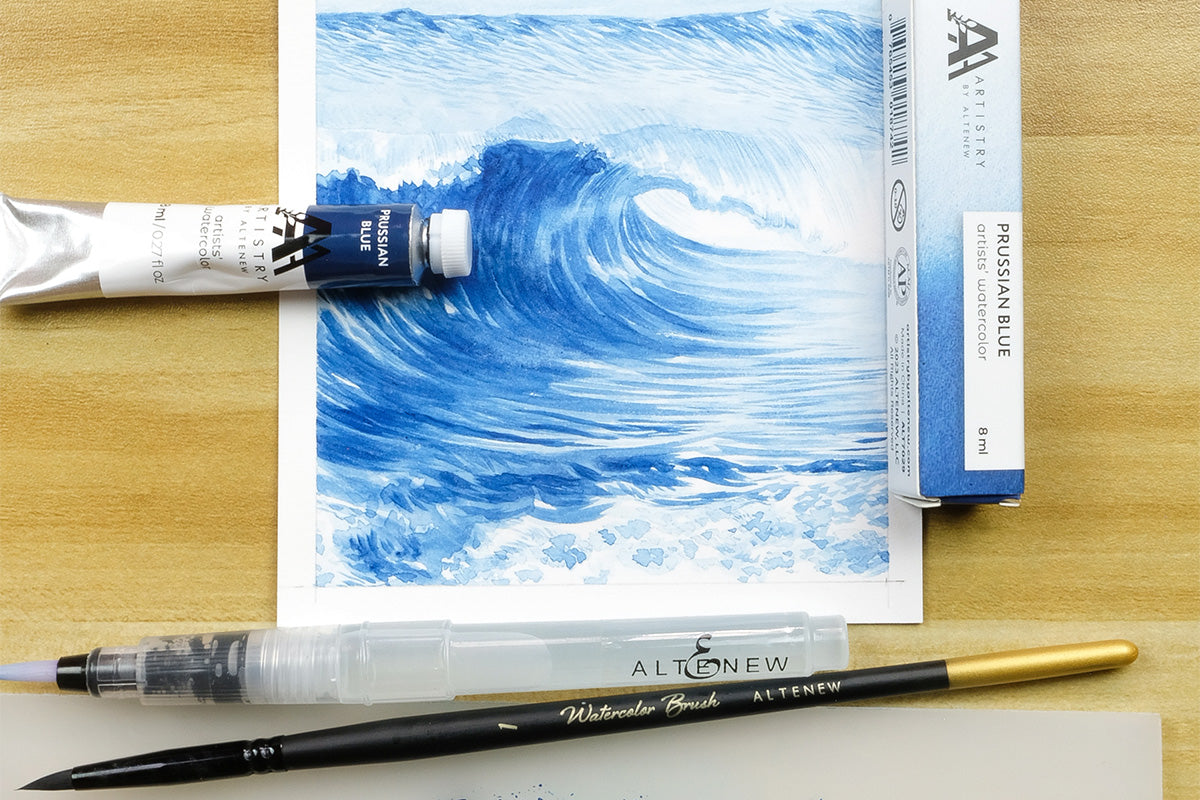 A painting of a huge ocean wave, painted with Artistry watercolor tubes
