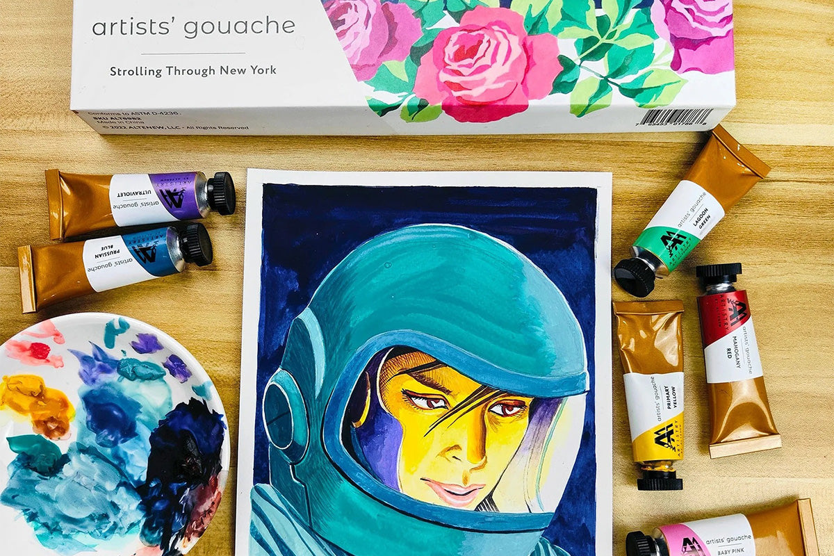 Gouache painting of a man in some kind of helmet, made with Artistry Gouache paints