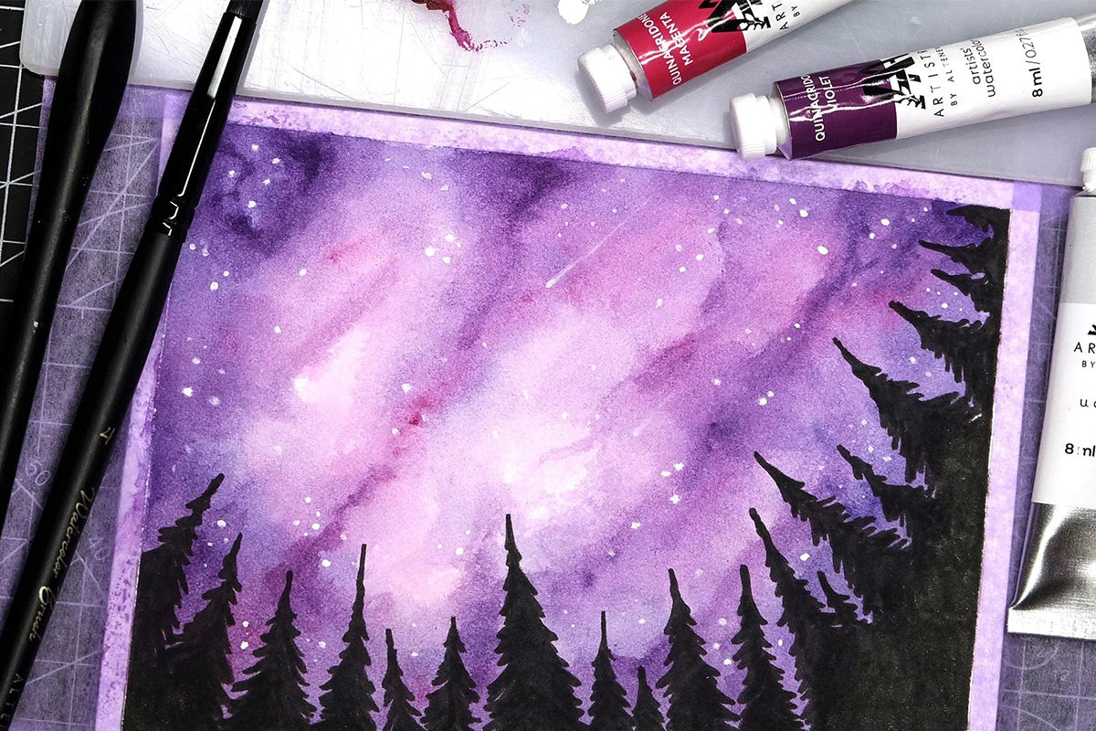 A watercolor painting of the night sky with some pine tree silhouettes