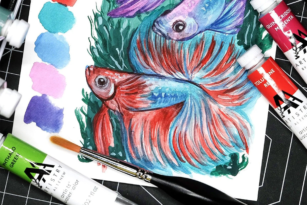 Colorful watercolor art depicting some type of fish, made with artist-grade watercolor paints in tubes