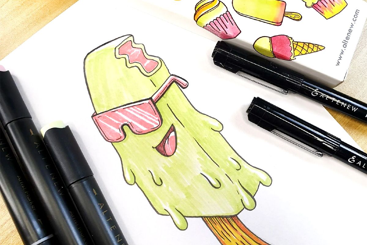 An artist's rendition of a anthropomorphized popsicle with the help of Altenew Fine Liner Pen set and Monochrome Shading Pencils