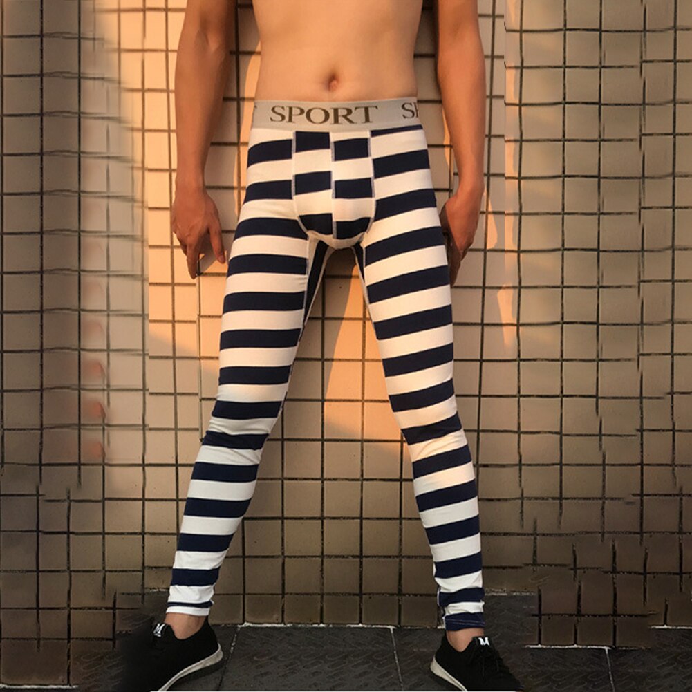 Men Long Johns Thermal Underwear Base Layer Pants Striped Printed Leggings Tight Winter Warm Underpants Calzoncillos Hombre
