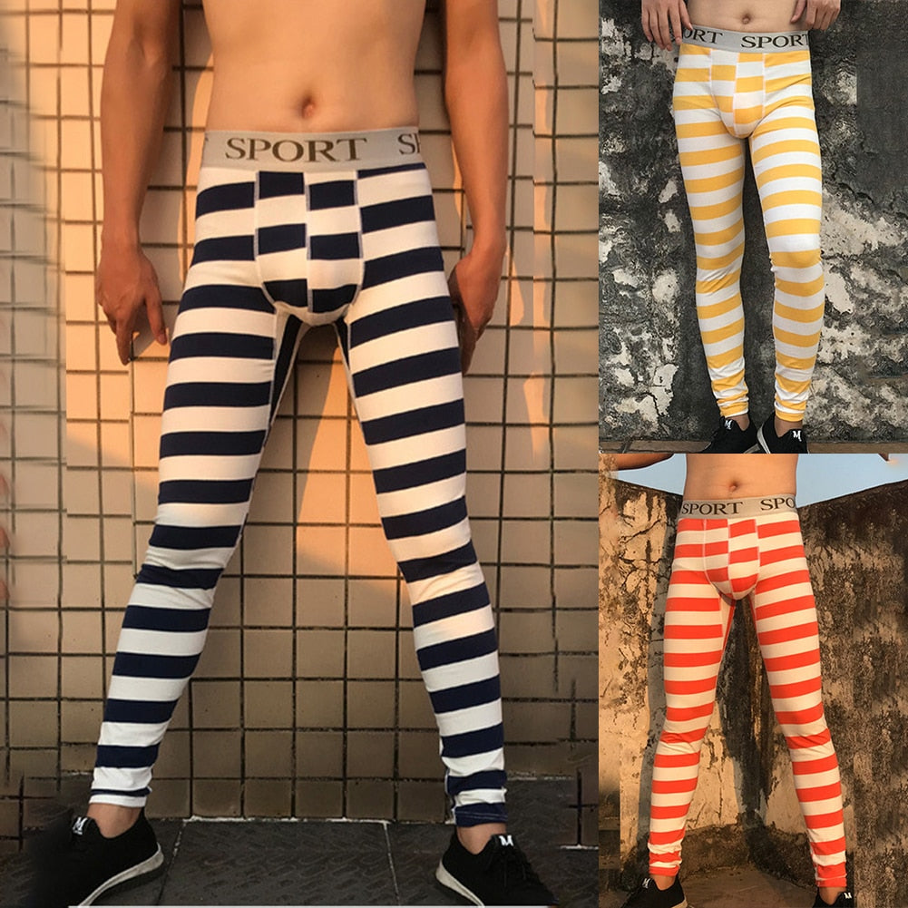 Men Long Johns Thermal Underwear Base Layer Pants Striped Printed Leggings Tight Winter Warm Underpants Calzoncillos Hombre