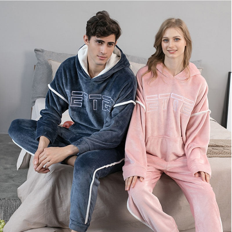 New Hooded Flannel Men's Pajama Pants 2 Pieces/Set Winter Thick Warm Sleepwear For Couples Casual Loose Home Costumes Set