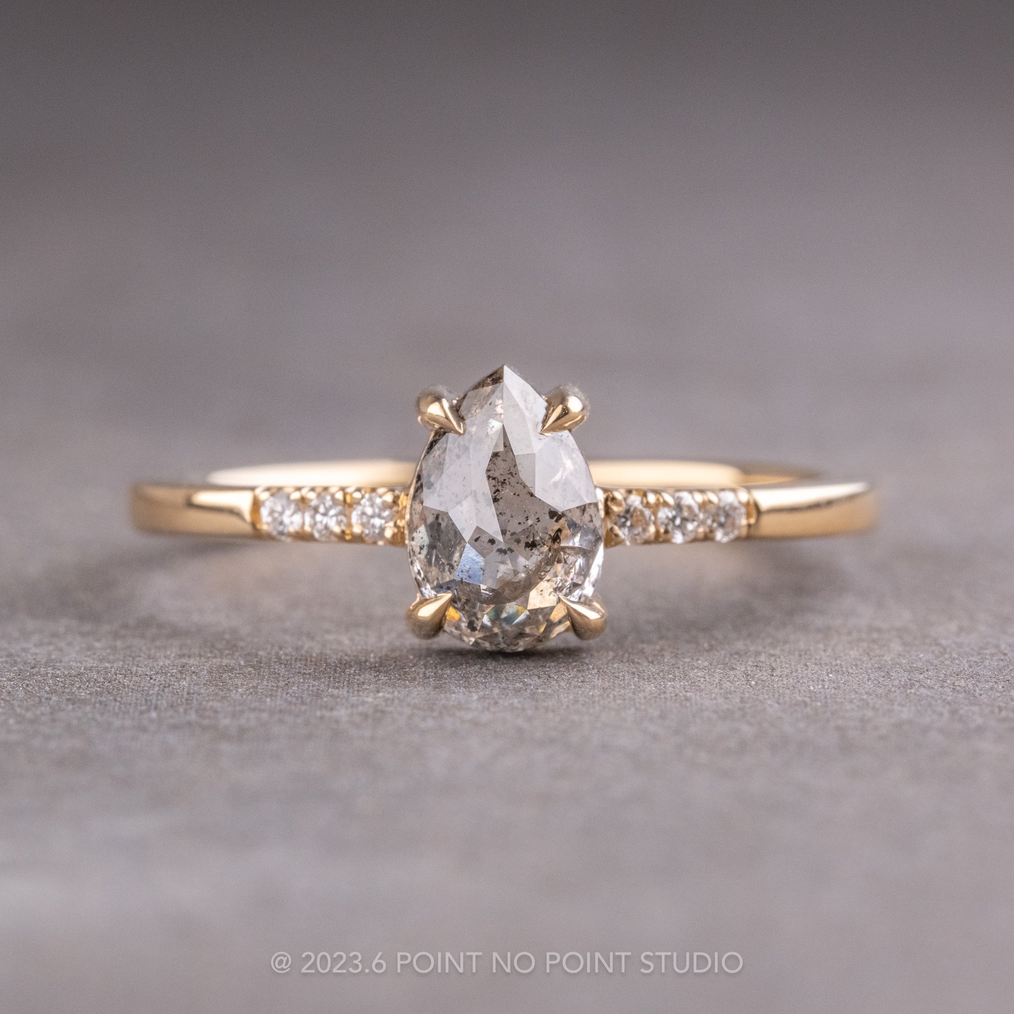 .88 Carat Salt and Pepper Pear Diamond Engagement Ring, Jules Setting, 14K Yellow Gold