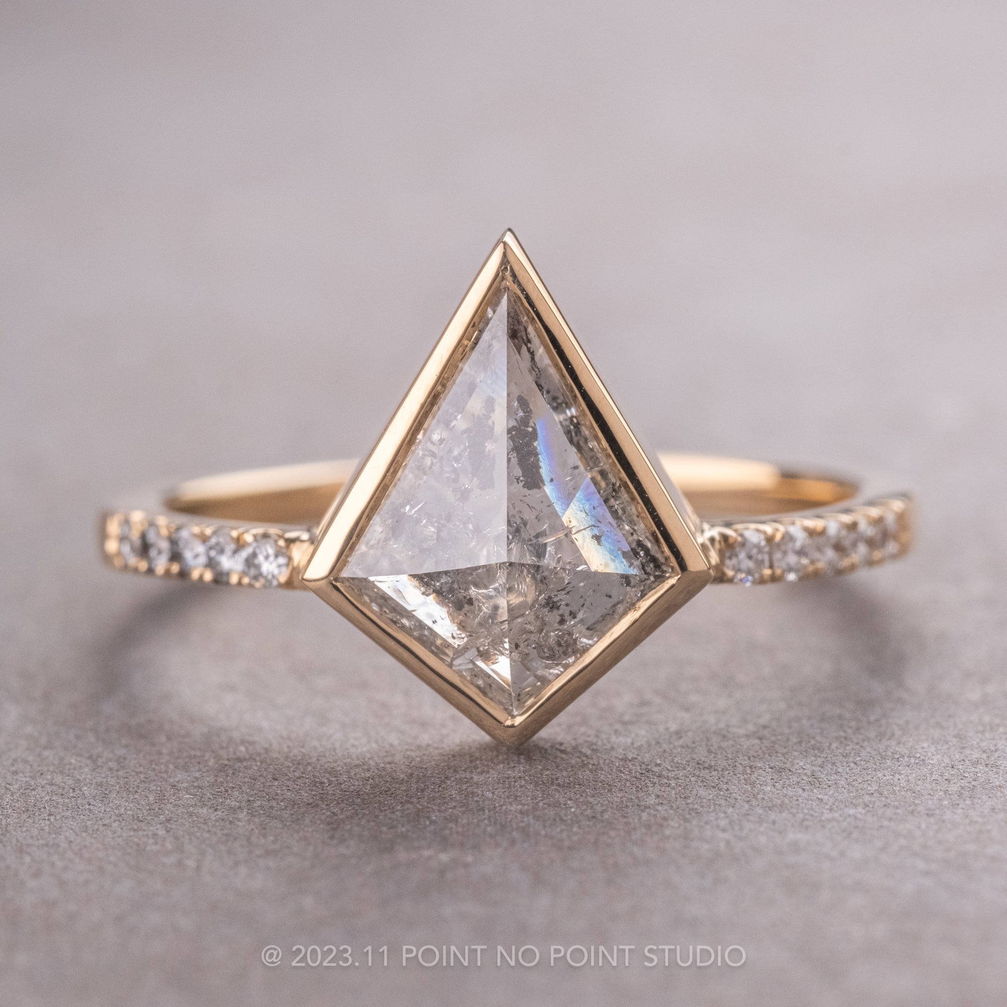 1.13 Carat Salt and Pepper Kite Diamond Engagement Ring, Bezel Jules Setting, 14K Yellow Gold