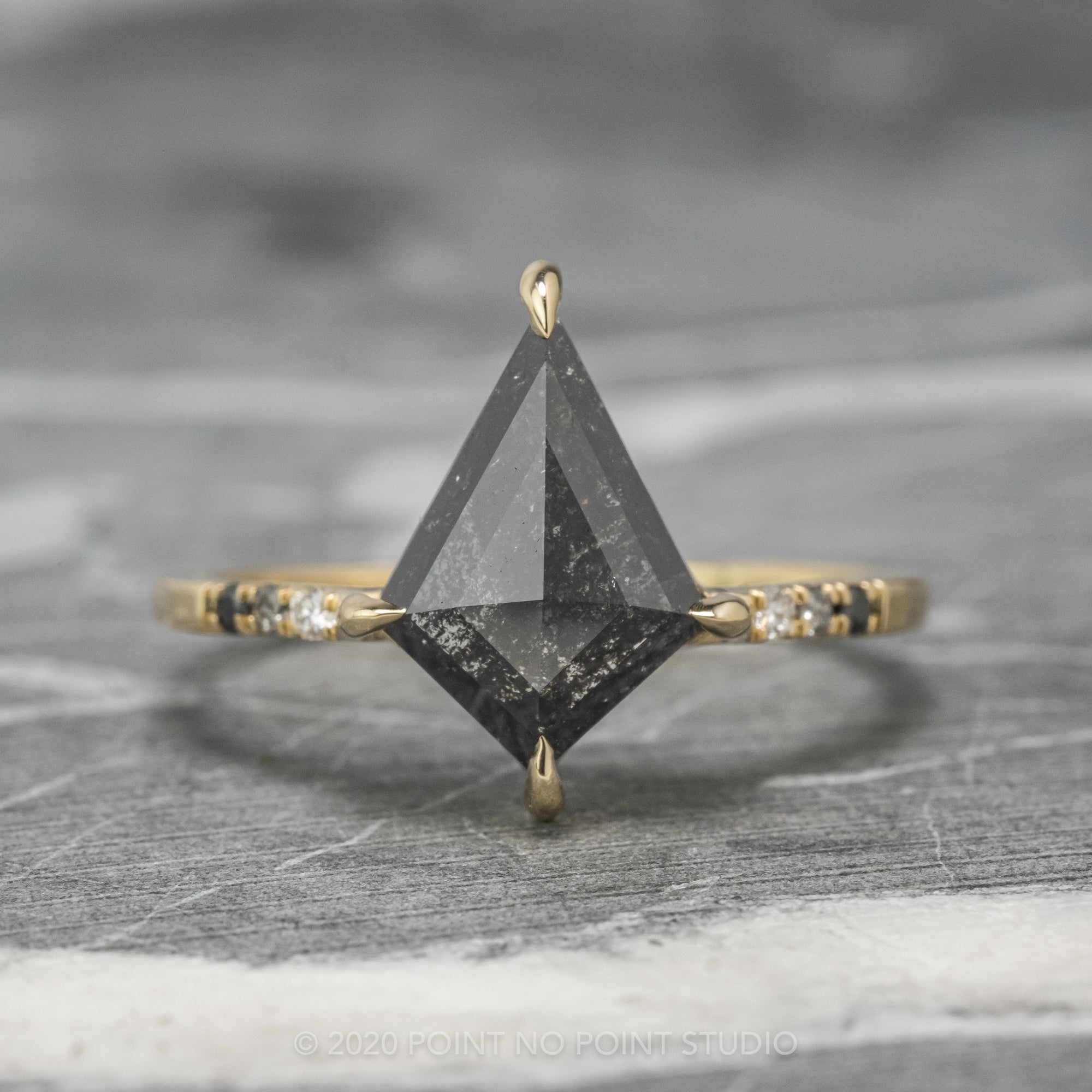 2.02 Carat Black Speckled Kite Diamond Engagement Ring, Ombre Jules Setting, 14K Yellow Gold