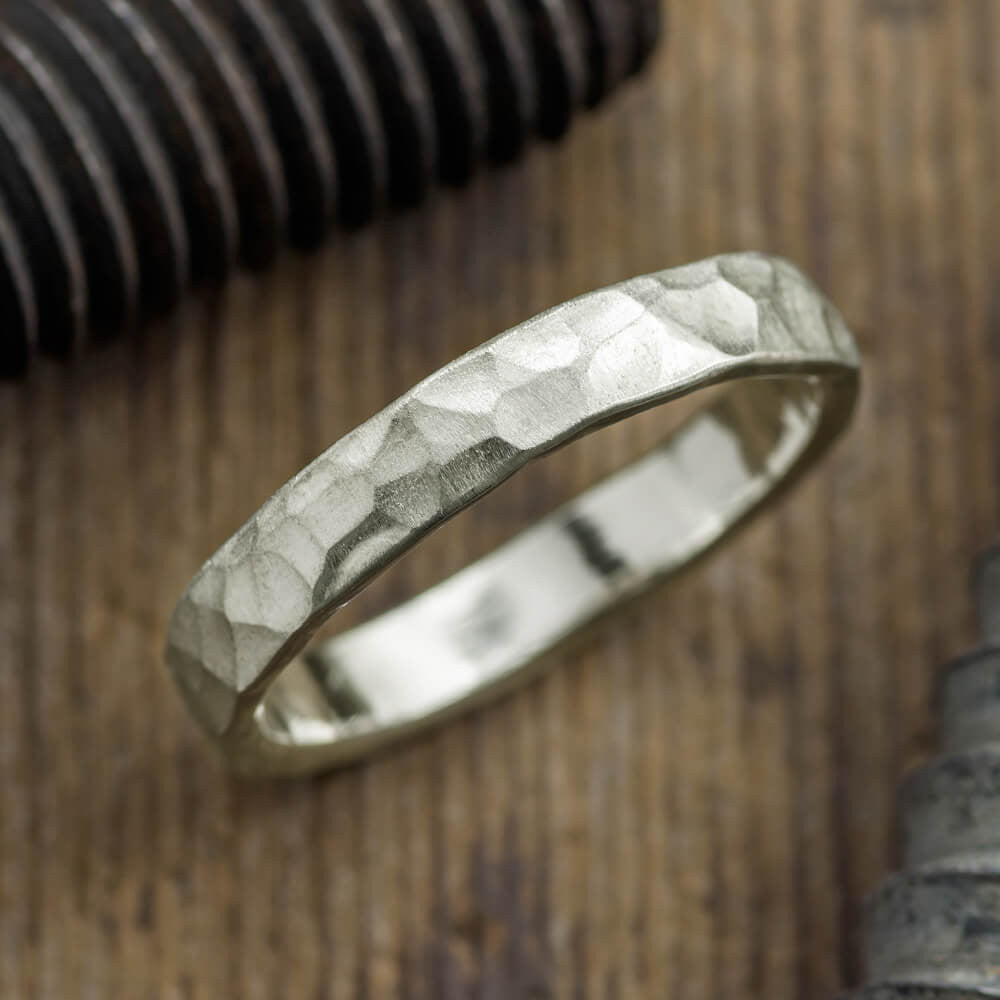 4mm 14k White Gold Mens Wedding Ring, Hammered Matte
