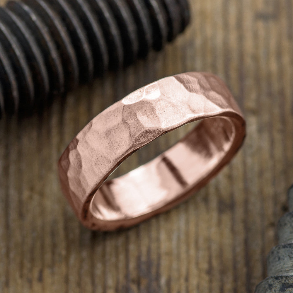 6mm 14k Rose  Gold  Mens Wedding Band  Hammered  Matte 