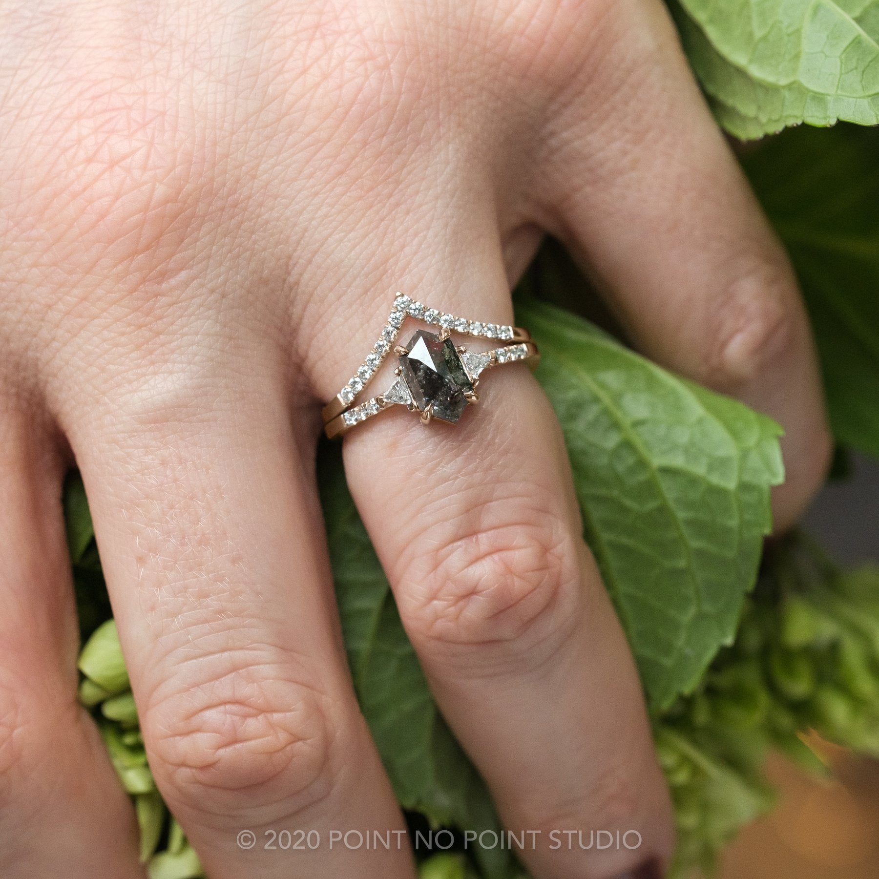 1.57 Carat Black Speckled Hexagon Diamond Engagement Ring, Eliza Setting, 14K Rose Gold