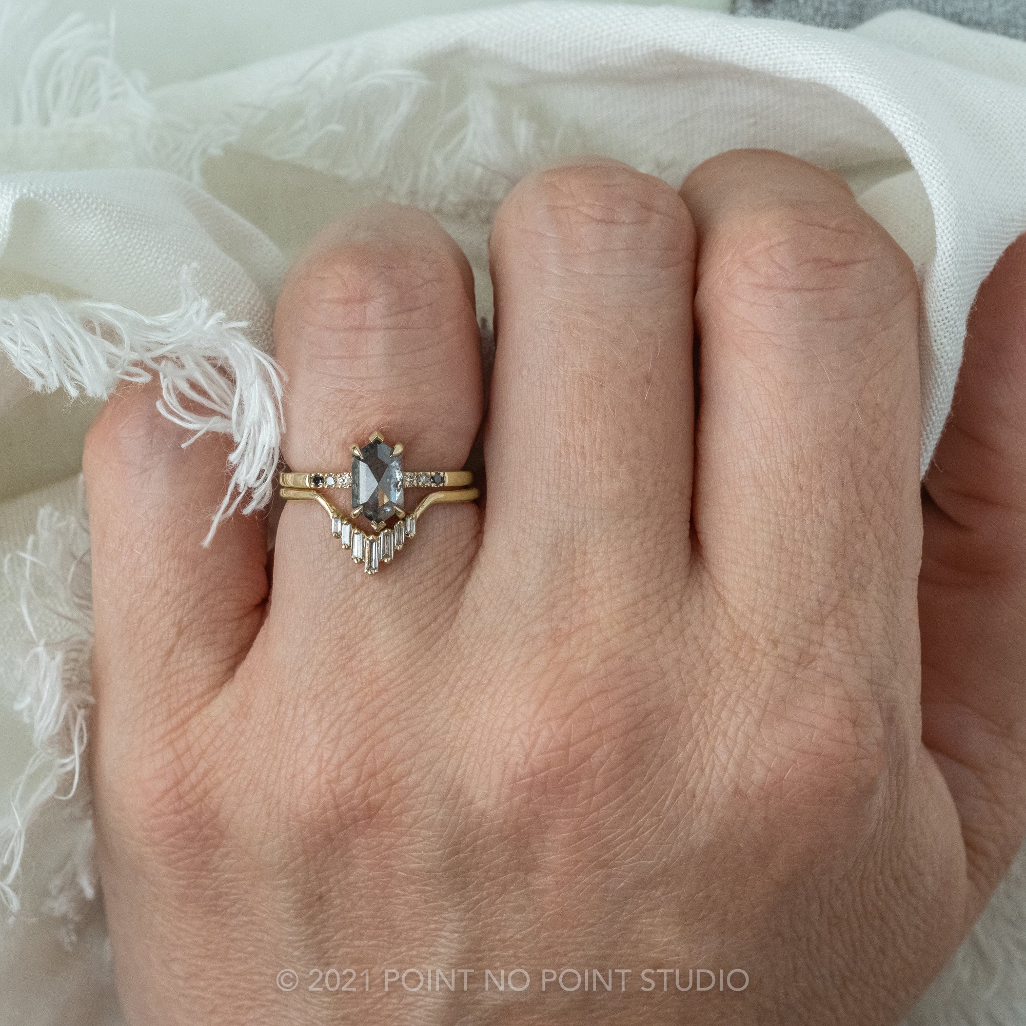 1.24ct Salt & Pepper Hexagon Diamond Engagement Ring, Ombre Sirena Setting, 14K Yellow Gold