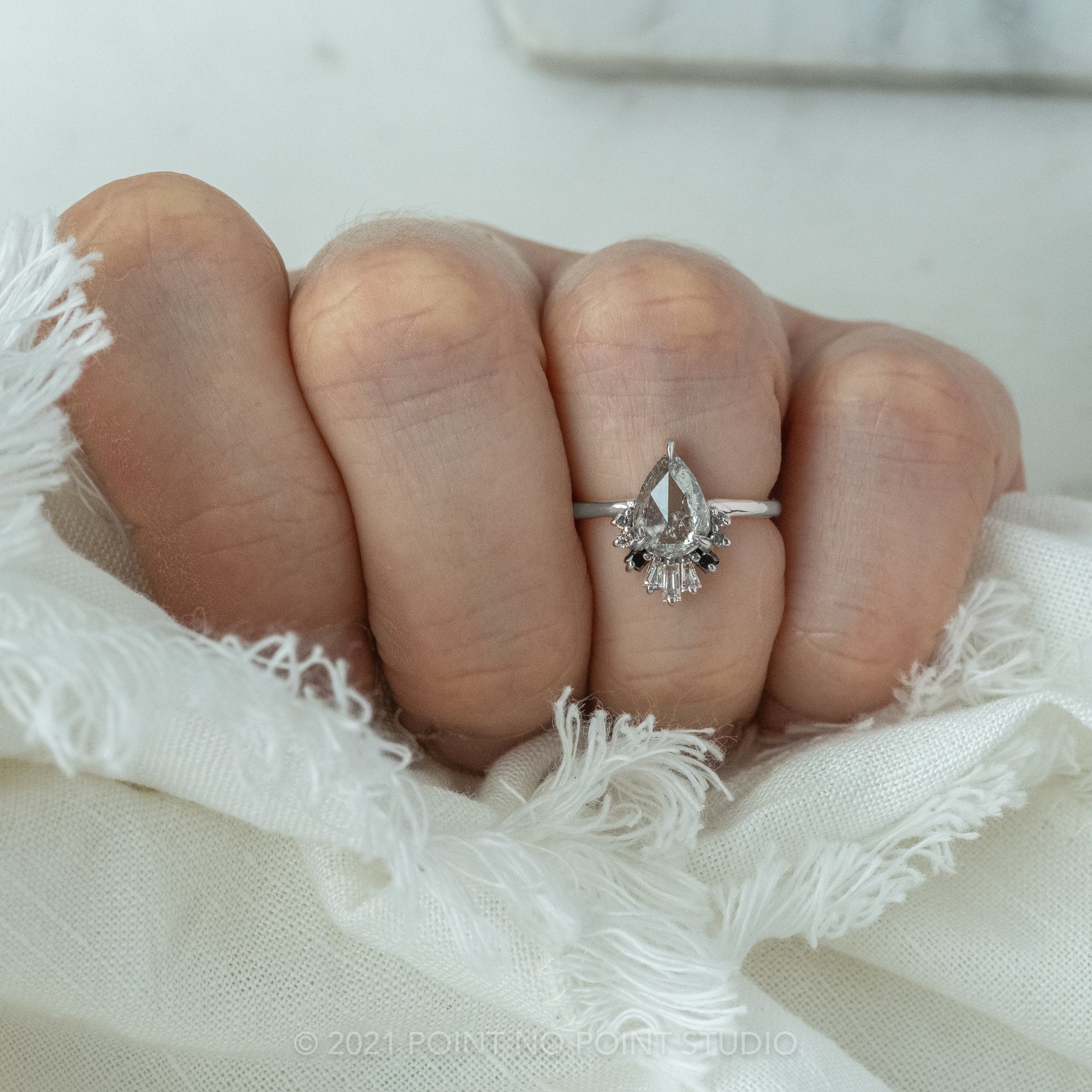 1.09ct Translucent Salt & Pepper Pear Diamond Engagement Ring, Ombre Wren Setting, 14K White Gold
