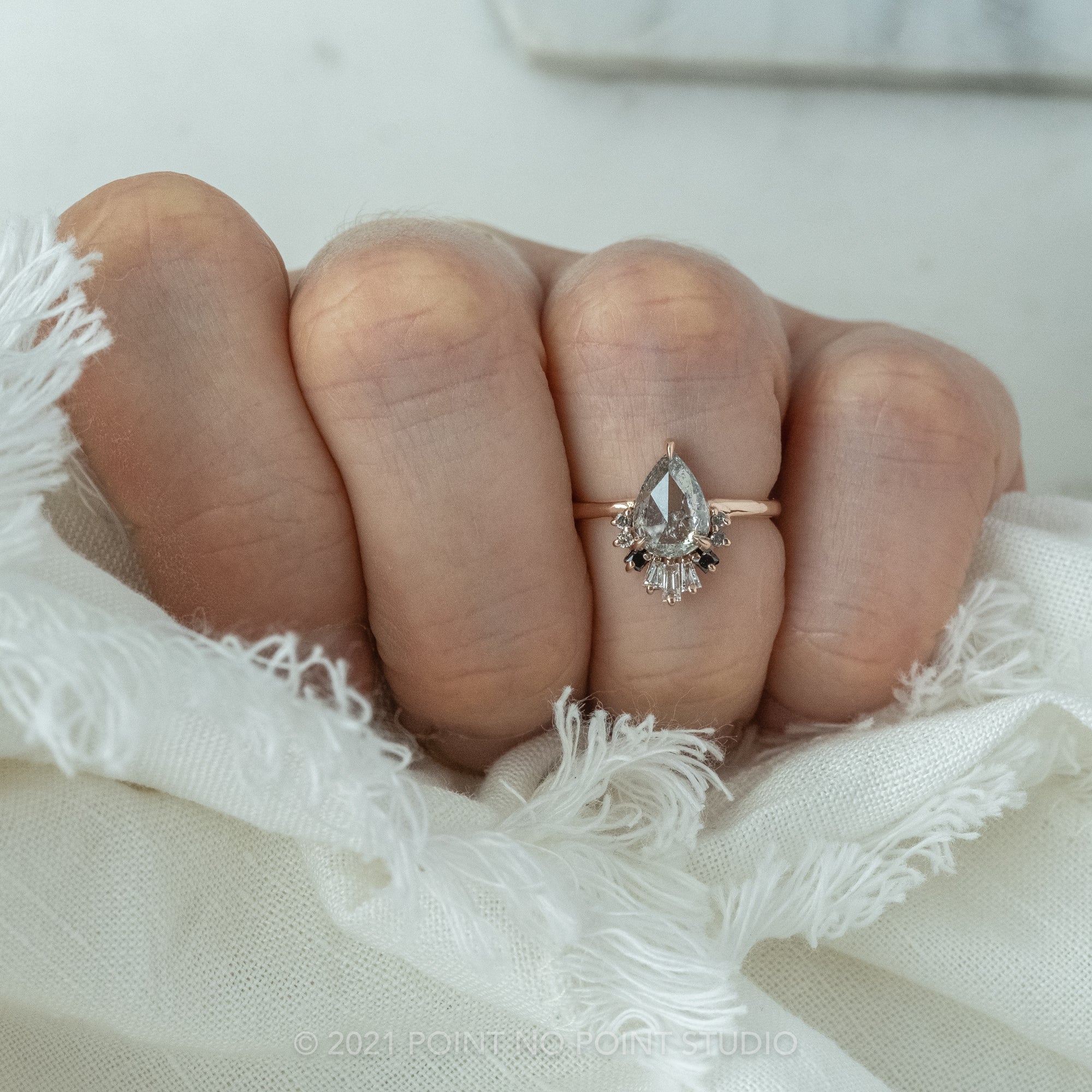 1.09ct Translucent Salt & Pepper Pear Diamond Engagement Ring, Ombre Wren Setting, 14K Rose Gold