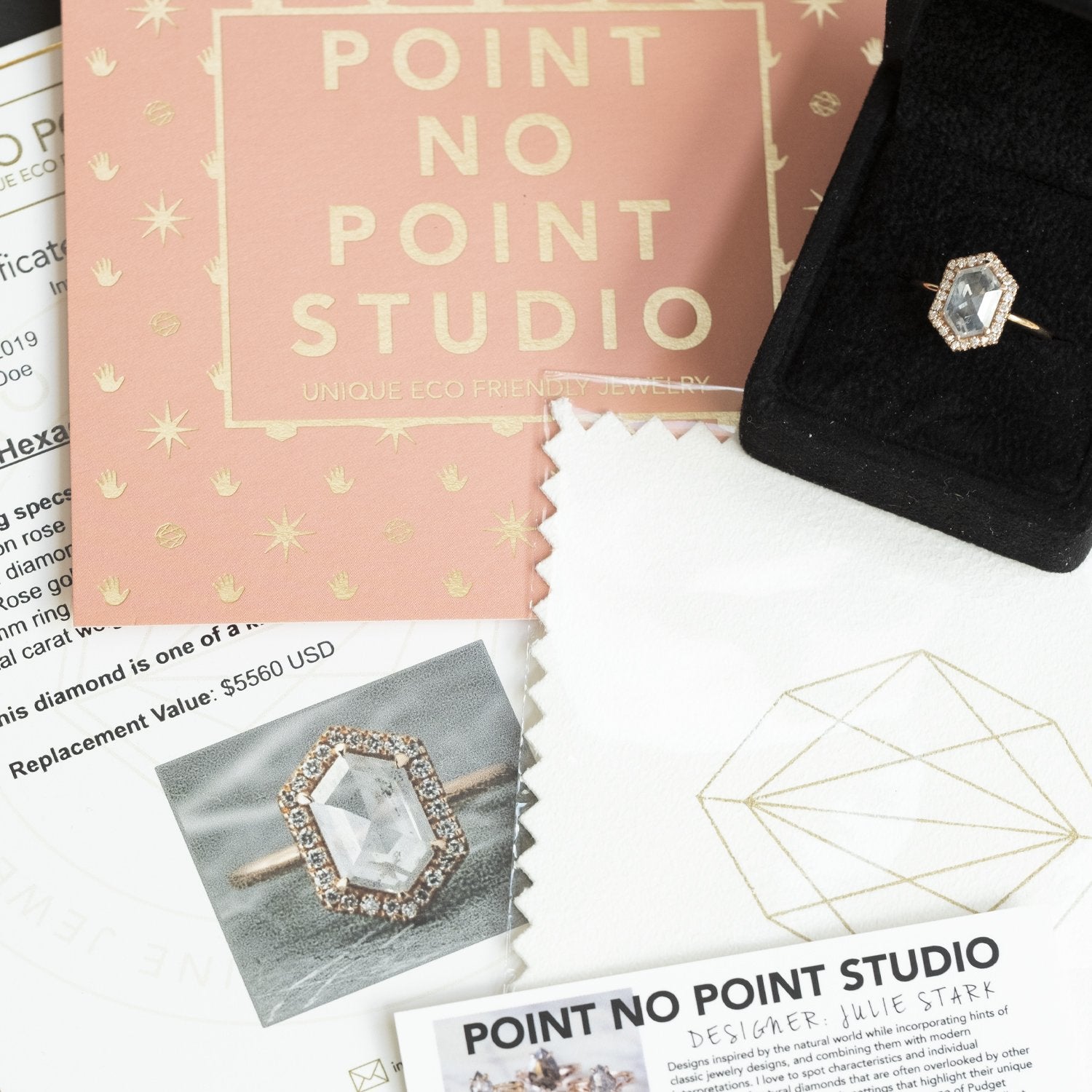 .85 Carat Grey Hexagon Diamond Engagement Ring, Petite Quinn Setting, 14K Rose Gold