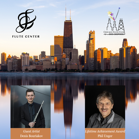 chicago skyline with flute center logo, chicago flute club logo, denis bourakov and phil unger images