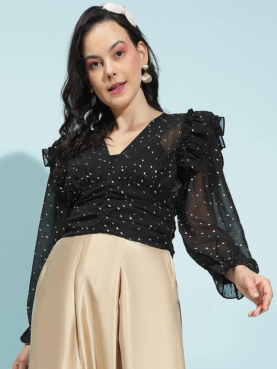 Elegant Women Big Black Long Sleeve Ruffle Detail  Women Crop Top-S 2025 at ShopCircuit | ONDC