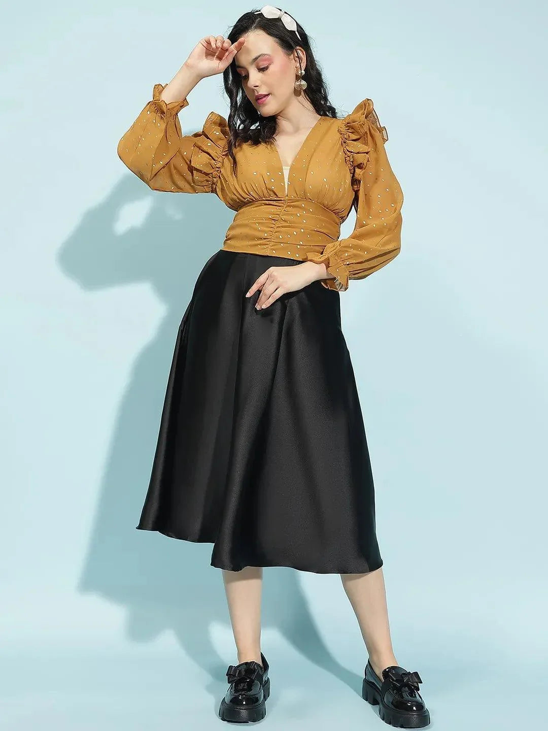 Top Women Mustard Long Sleeve Ruffle Detail  Women Crop Top-S 2025 at ShopCircuit | ONDC