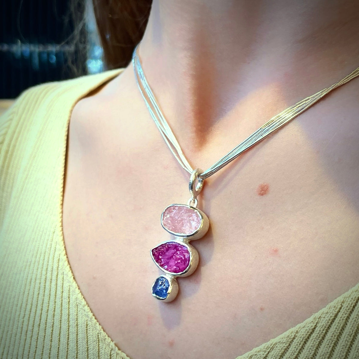 Morganite, Ruby and Tanzanite Pendant