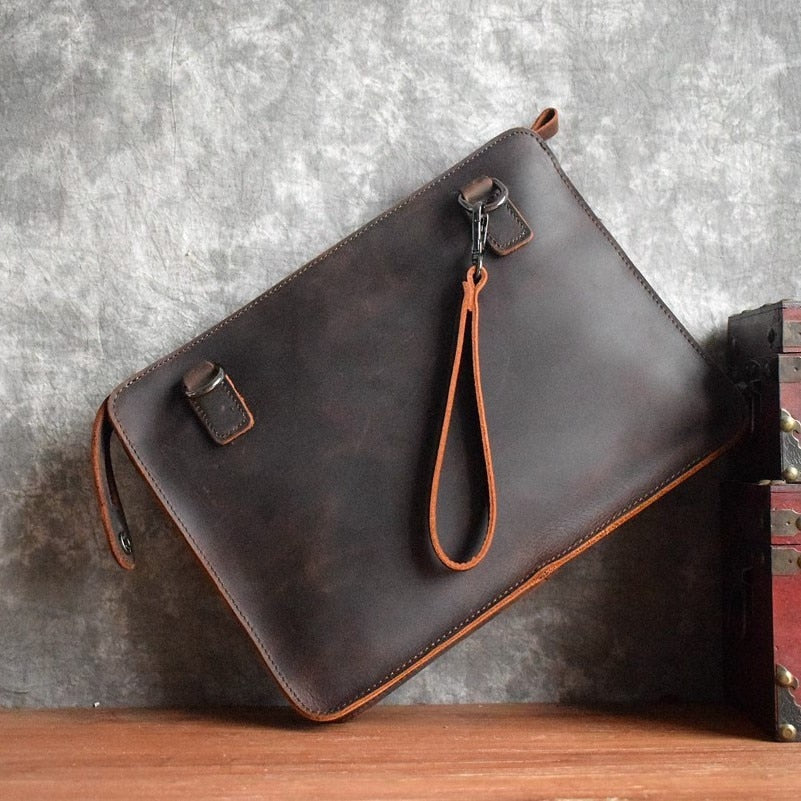 SAV™PremiumLeather Vintage Original Handmade Crazy Horse Leather A4 Men Clutch Bag