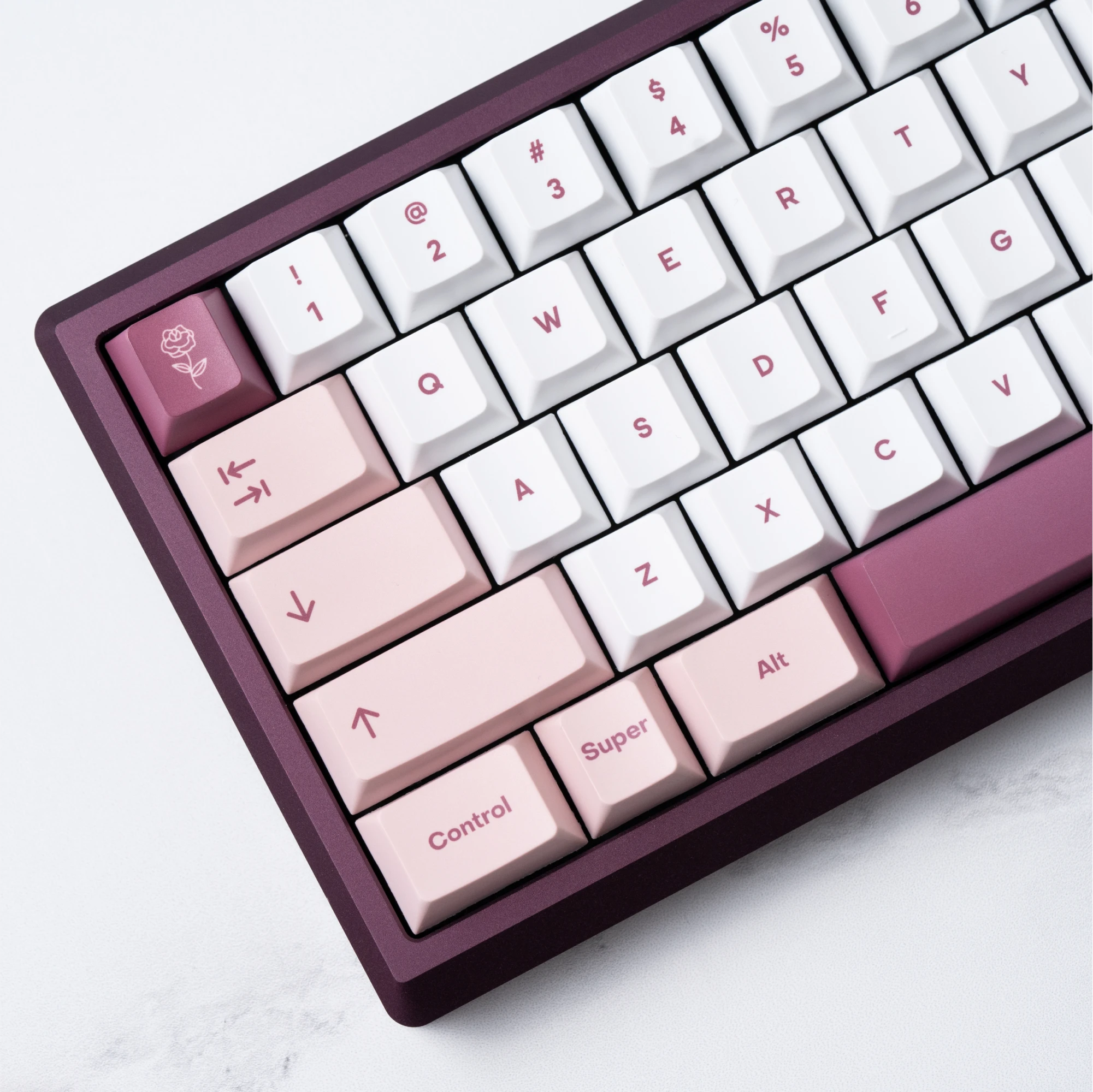 A close-up photo of Rosewater on a purple Arc60 keyboard.