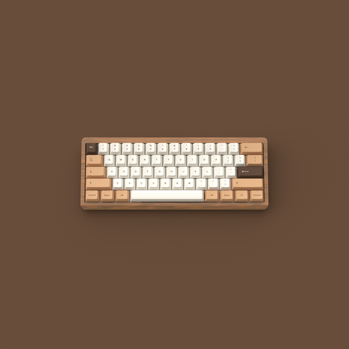 Brown Sugar Boba keycaps on a wood 60% keyboard against a dark brown background.