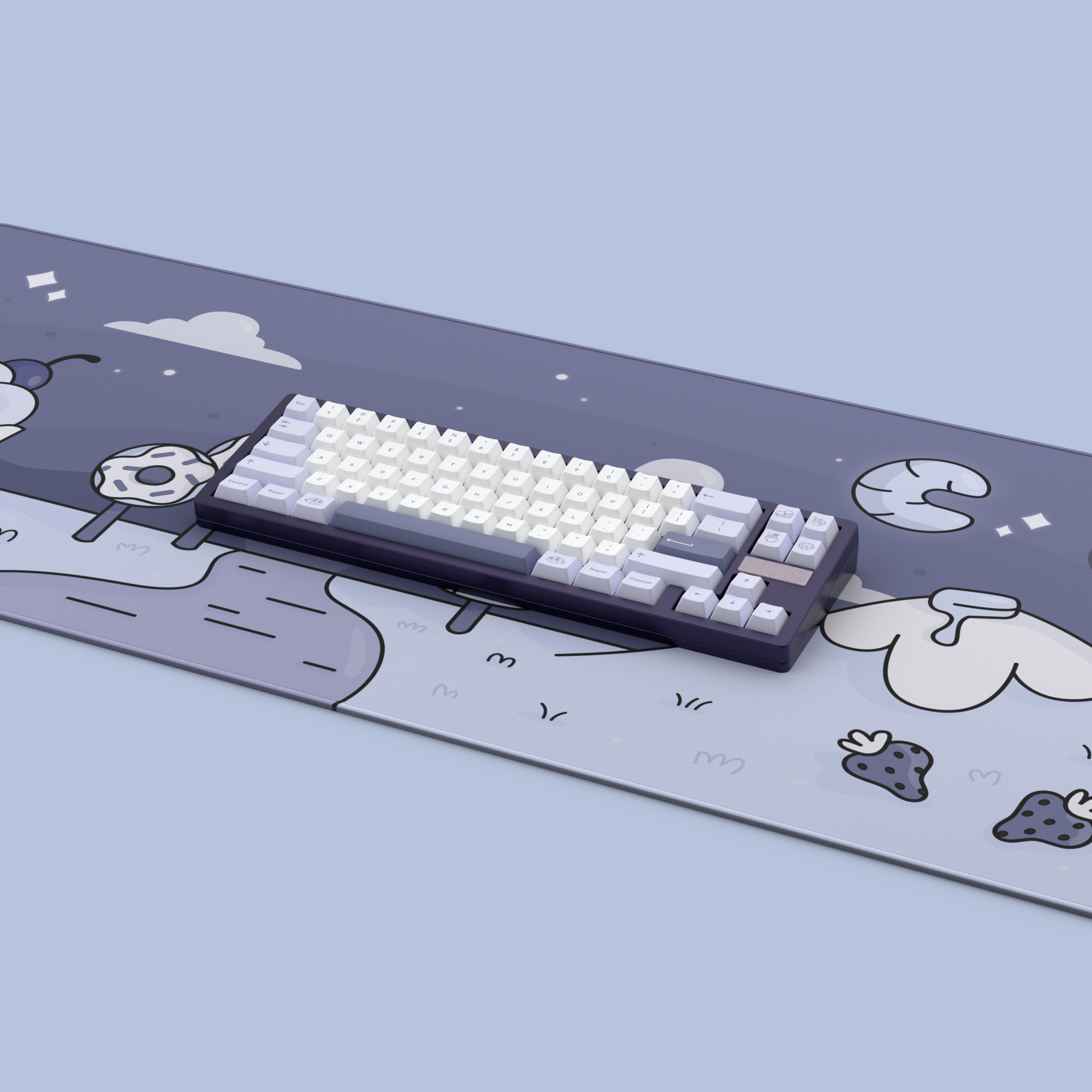 Teacaps Parfait keycaps on a purple Ikki68 Devoted keyboard, placed at an angle on top of the Teacaps Parfait deskmat.