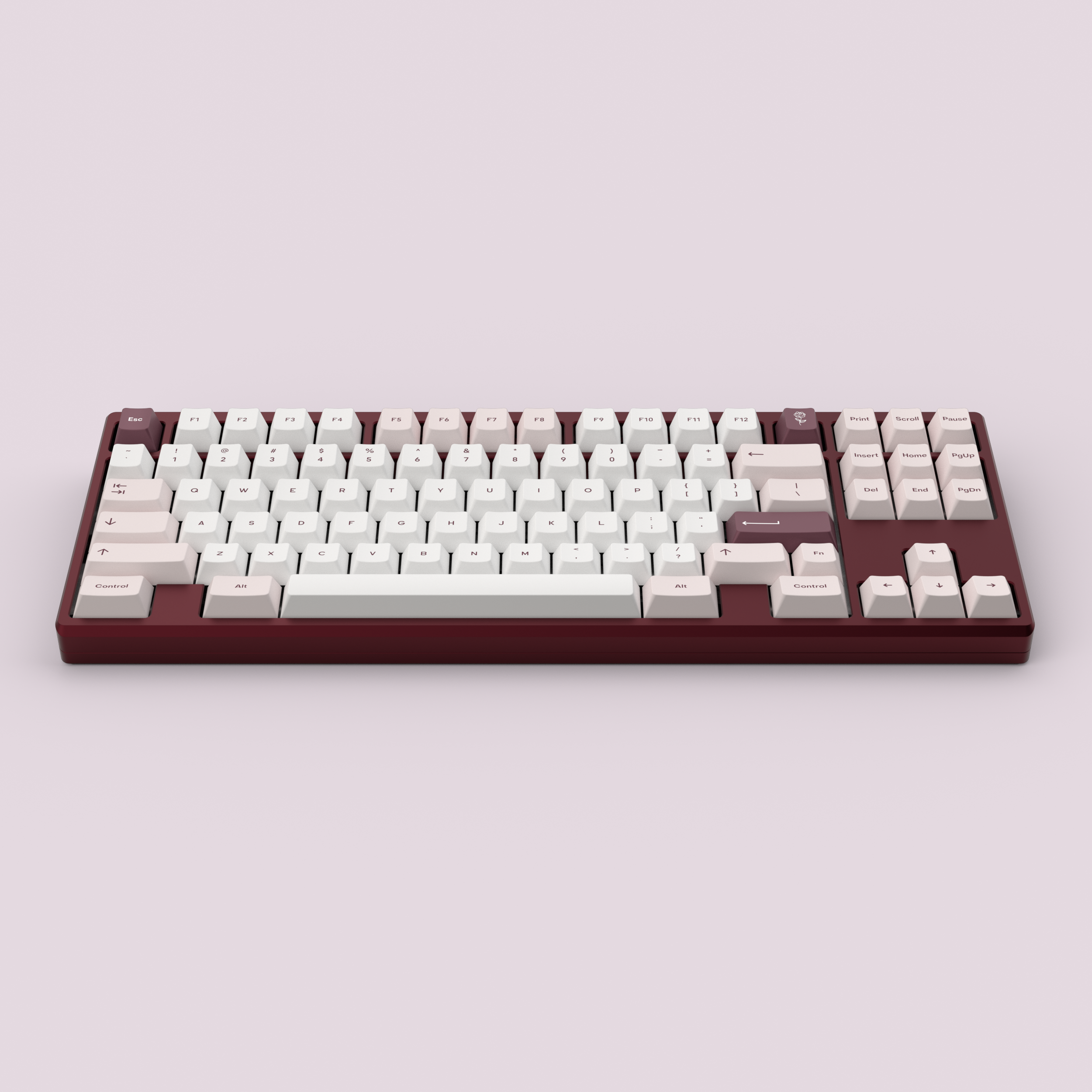 RENDER: Teacaps Rosewater keycaps on a burgundy Frog TKL keyboard against a pink background.