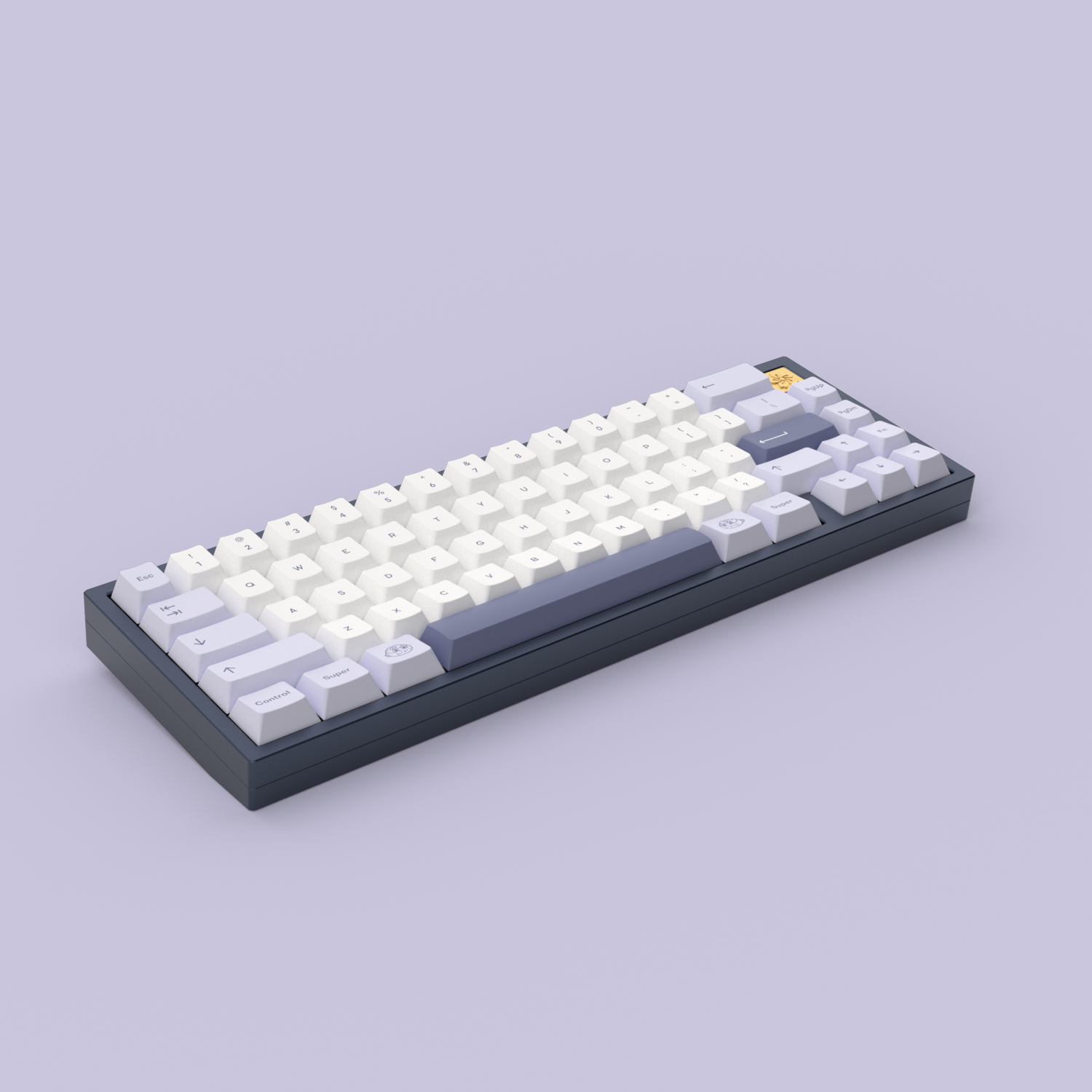 RENDER: Teacaps Parfait keycaps on a dark blue Fuji65 keyboard.