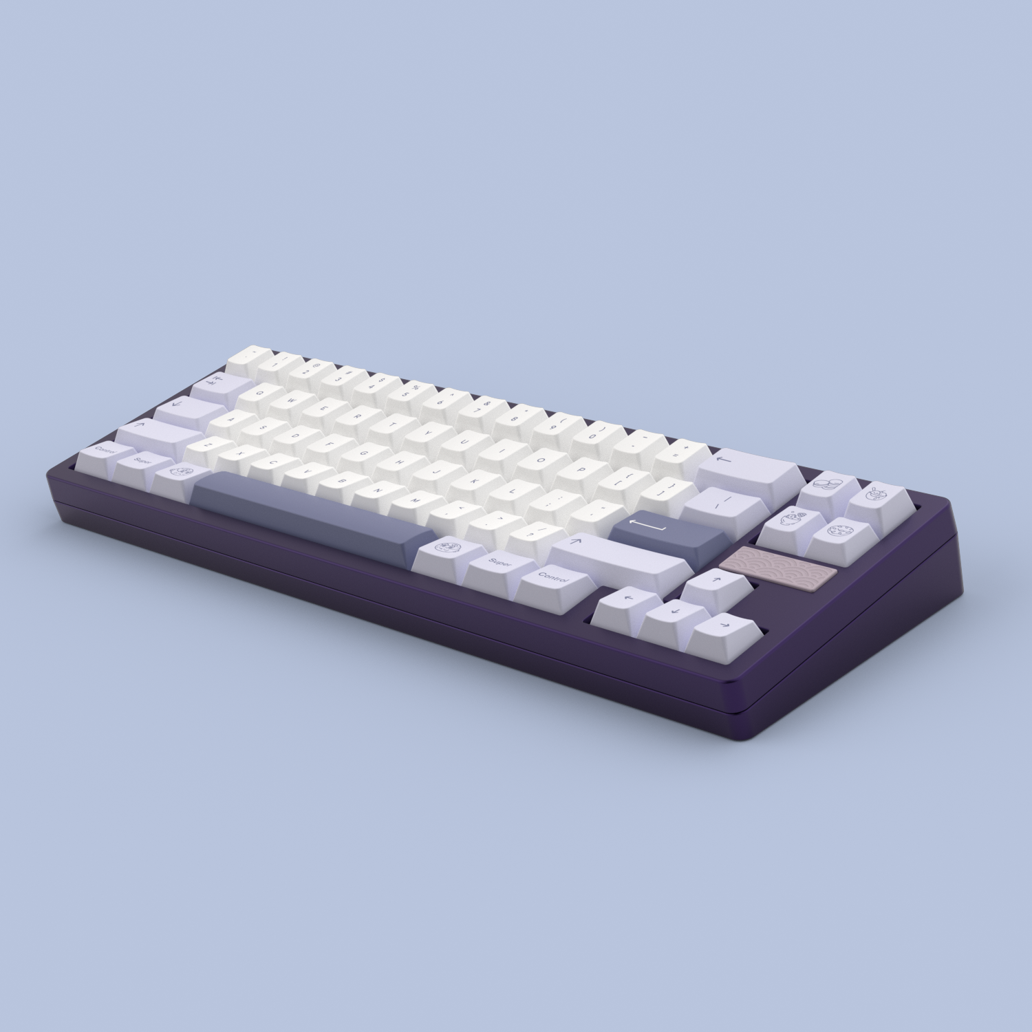 RENDER: Teacaps Parfait keycaps on a purple Ikki68 Devoted keyboard.